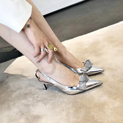 High Heels Silver Rhinestone Pointed Toe Women's Pumps Shoes Back Strap 6cm  Heels Women's Rhinestone Bow Baotou Heels Women