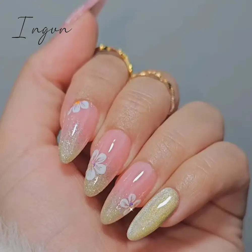 24pcs Short Glitter Purple False Nails  Almond Stiletto French Wearable Fake Nails Art Artificial Full Cover Press on Nail Tips
