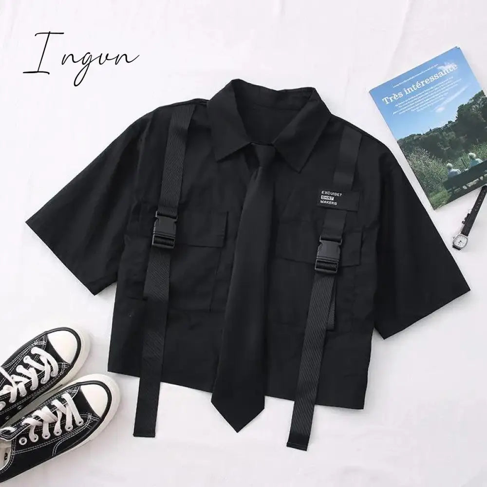 Ingvn - Spring Womens Fashion Autumn Streetwear Pants High-Waist Straight Ribbon Cargo Pants Student Loose Short-Sleeved Shirt with Tie two-piece Set