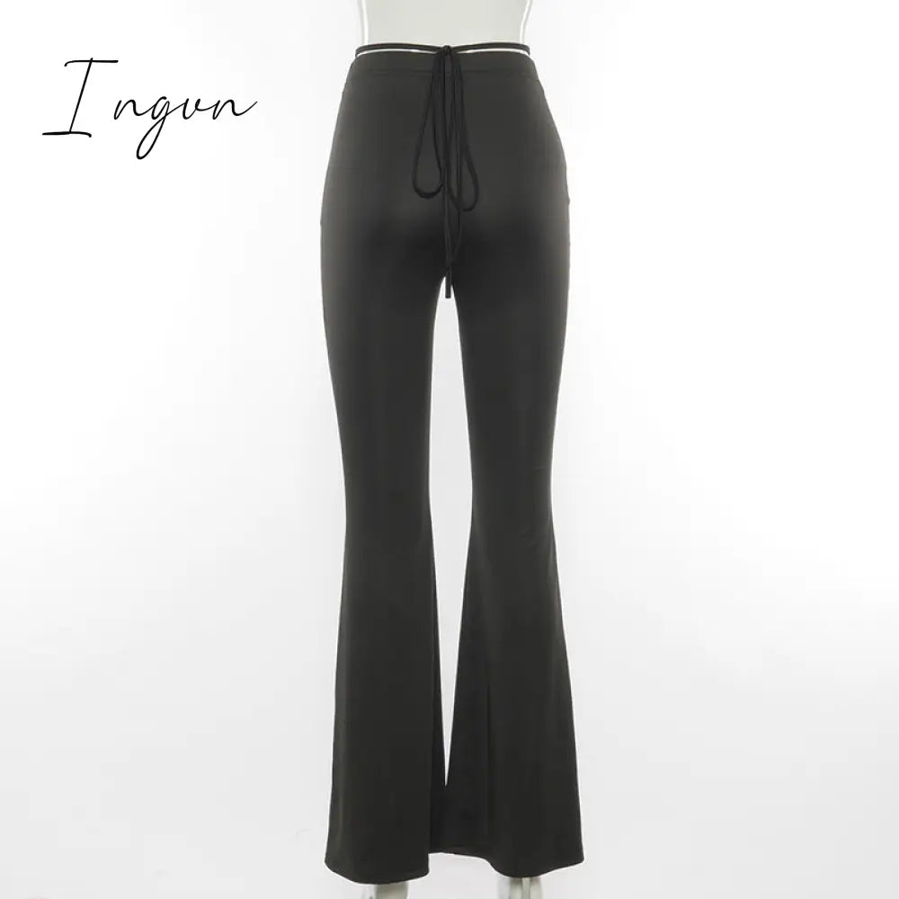 Ingvn - Fashion Trends Cyber Y2k Flare Pants E Girl Style Sexy Strechy Trousers Women Lace Up V Waist Low Rise Harajuku Black Pants C85-BB22