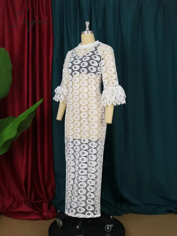 Ingvn - New Fashion African Women Dresses Dashiki Elegant Maxi Long White Lace Hollow Out Muslim Fashion Abayas Robe Abaya Dubai Luxe Party Clothes