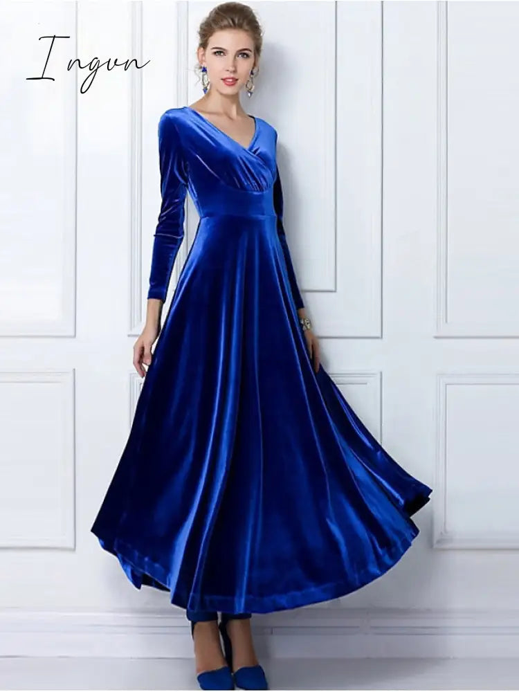 Ingvn - Women‘s Party Dress Wedding Guest Dress Velvet Dress Long Dress Maxi Dress Black Wine Royal Blue Long Sleeve Pure Color Ruched Fall Spring V Neck Fashion Party Winter Dress Evening Party 2023 S M L XL