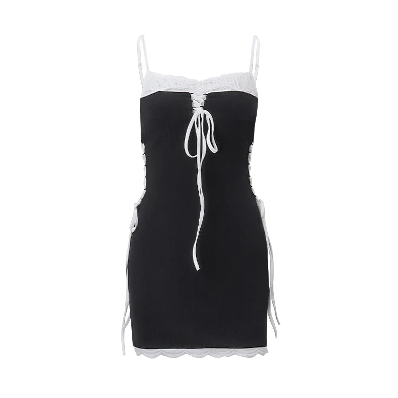 Sexy Cross Bandage Patchwork Mini Dress Y2K Streetwear Spaghetti Straps Low-cut Dresses Summer Casual Women's Vestidos