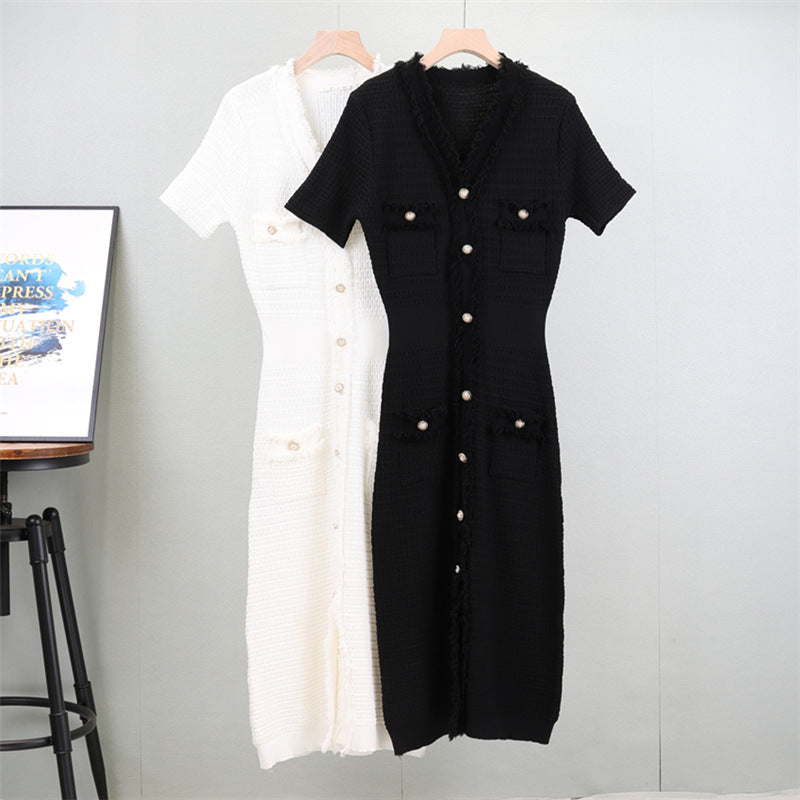 Summer French Style Gentle Style Tassel Knitted Short-sleeved Dress Women's V-neck Solid Color Elegant Slimming Mid-length Dress