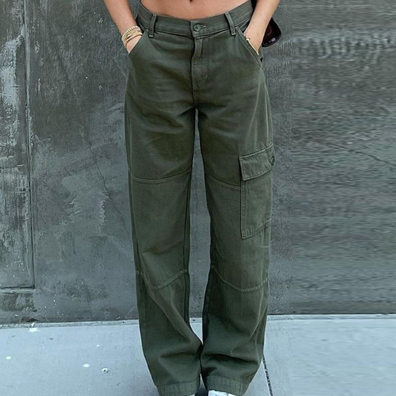 Wide Leg One Side Square Pocket Cargo Pants, Denim Loose Baggy Fit Straight Legs Trousers, Y2K Kpop Vintage Style Women's Jeans