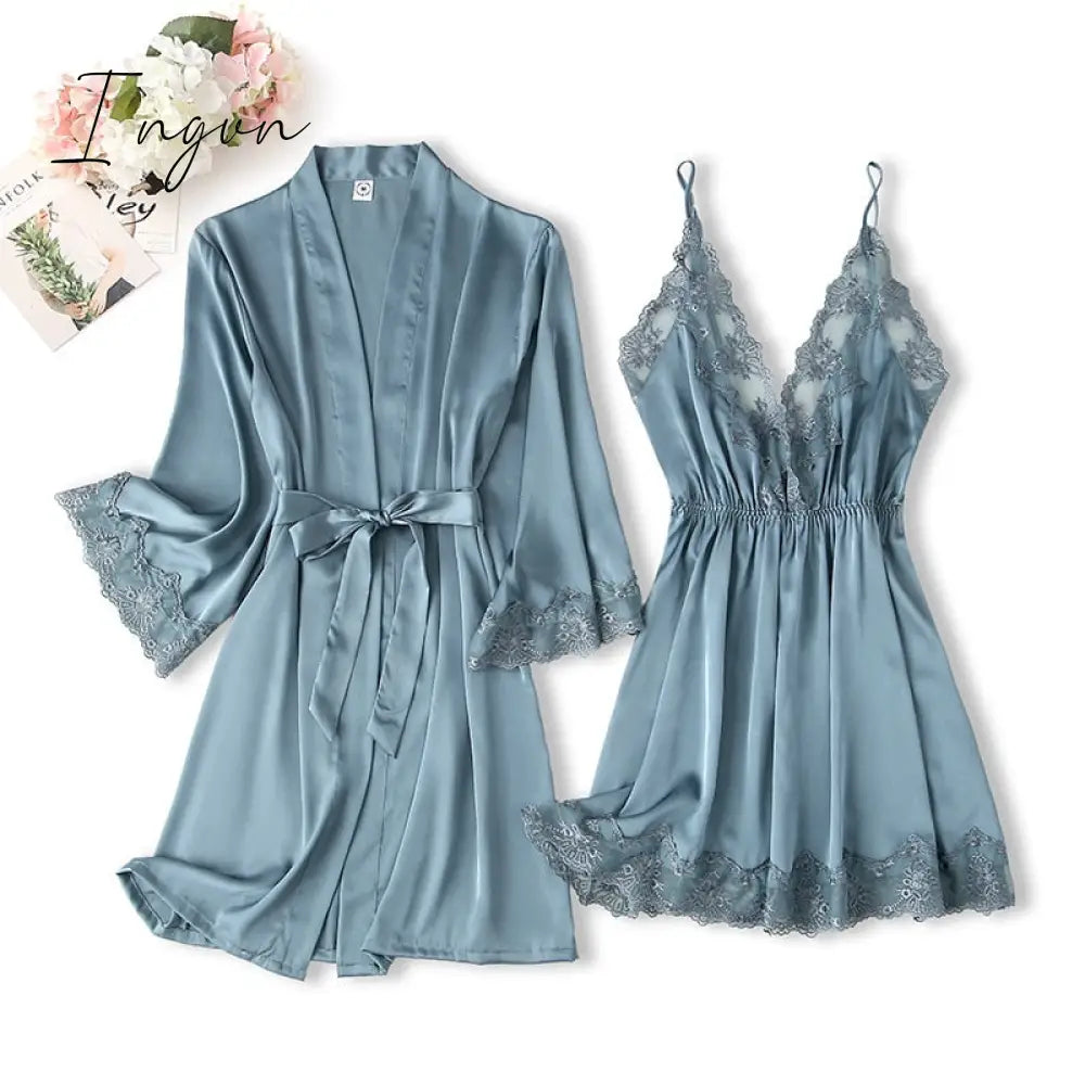 Ingvn - Lace Trim Sexy Wedding Lady Robe Suit Loose Satin Bride Bridesmaid Kimono Bathrobe Gown Mini Sleepwear Rayon Intimate Lingerie