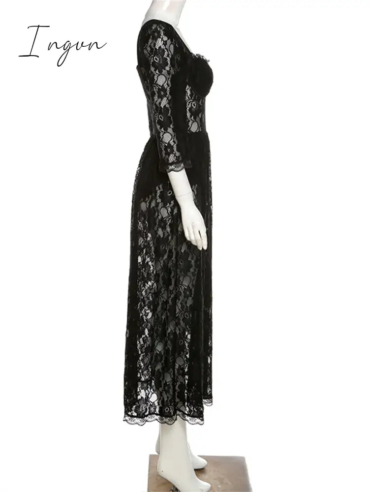 Ingvn - Hot Sale Boho Korean New Mature Woman Sexy Square Collar Lace Mesh Transparent High Waist Split Goddess Full Sleeve Long Dress Dresses 8P