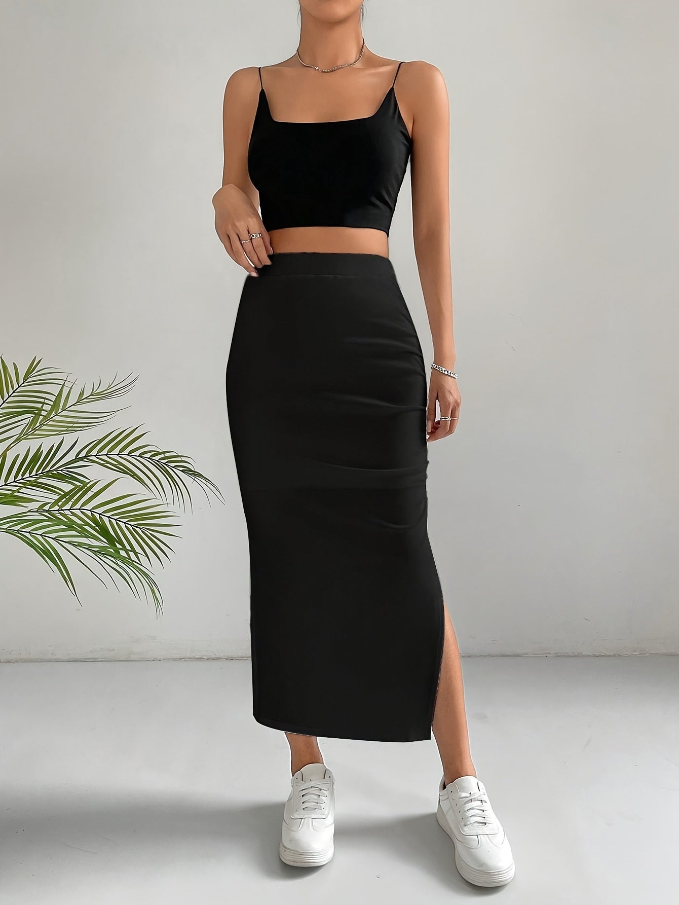 Elegant High-Waist Bodycon Midi Skirt with Chic Split - Durable & Stretch, Perfect for Multi-Season Style