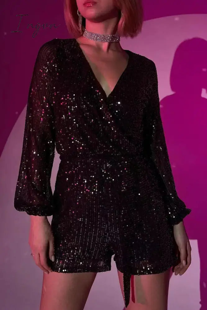 Ingvn- Solid Bandage Sequins V Neck Loose Rompers