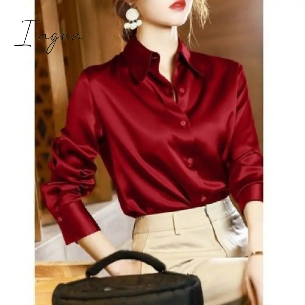 Ingvn - Brand Quality Luxury Women Shirt Elegant Office Button Up Long Sleeve Shirts Momi Silk Crepe Satin Blouses for Women Fashion Business Ladies Top