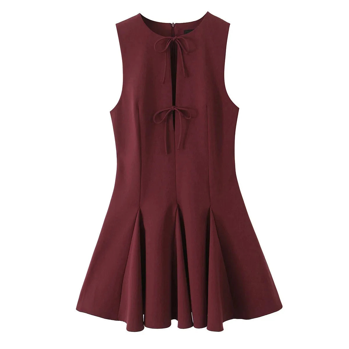 Bow Hollow Out Pleated Dress Women Lace Up Sleeveless O-Neck Slim Fit Fluffy Gown Waist Cinched Dress Woman 2025 Summer Dresses