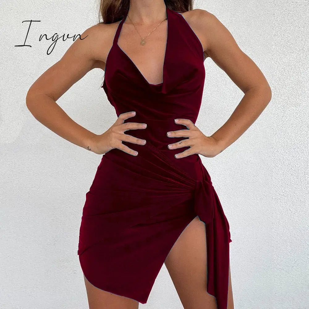 Ingvn - 2023 Summer New Women's Wear Halter Neck Hollow Strappy Slit Sexy Fashion Dress Sexy Backless Irregular Strappy Evening Dress