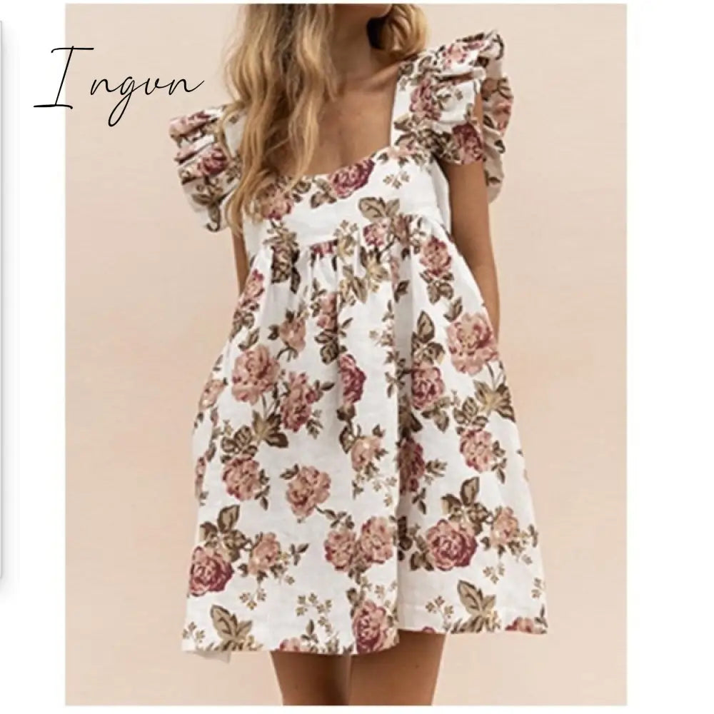 Ingvn - Women Autumn Spring Vintage Mini Cupcake Dress V Neck Long Lantern Sleeve Back With Ruffles Korean Style Elegant Red Dress