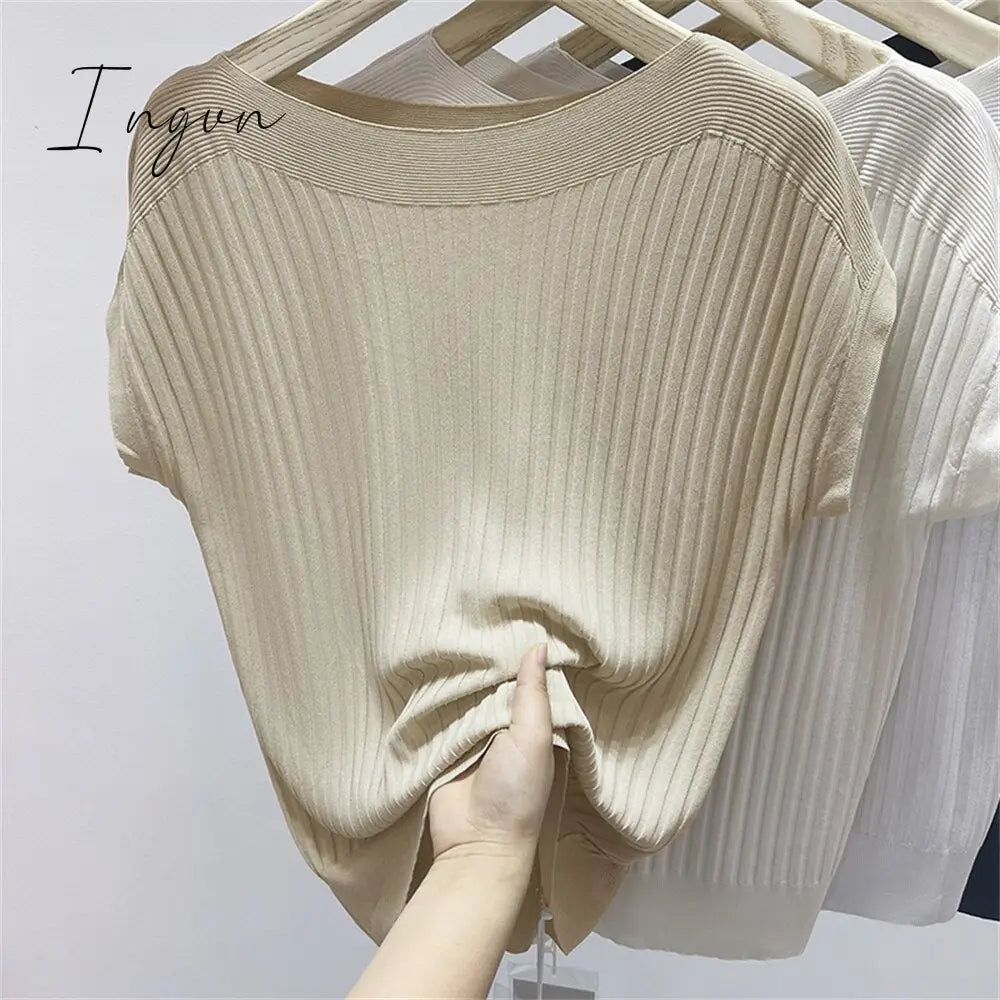 Ingvn - Bat-Sleeved Short-Sleeved T-Shirt Women's Summer New Black Ice Silk Knitted Sweater Loose One-Word Collar Top Thin