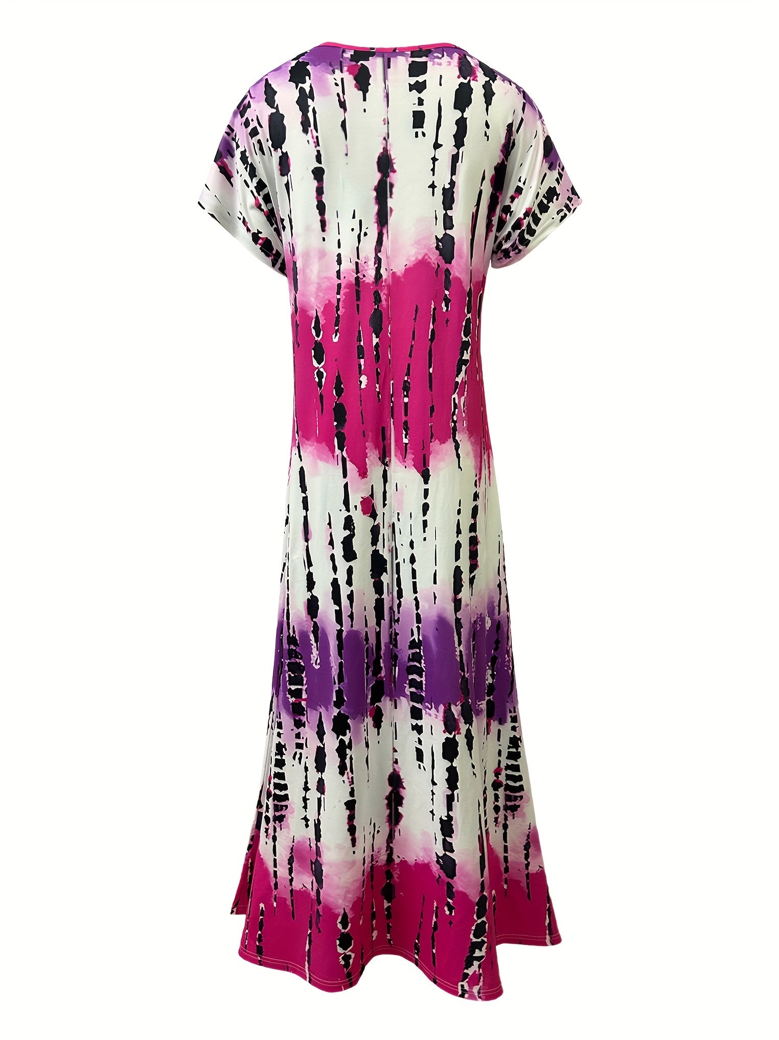 Tie Dye V-neck Dress, Elegant Split Short Sleeve Dress For Spring & Summer, Women's Clothing