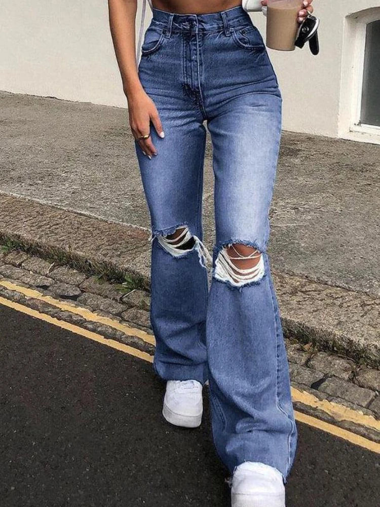 Ingvn  Blue Ripped Jeans for Women  High Waisted Elastic Vintage Streetwear y2k Wide Leg Jean Pants Flared Korean Style