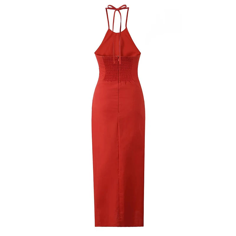 Sexy Backless Side Slits Halter Dress For Women Vintage Ruched Red Evening Party Dresses Cotton Linen Midi Robe White