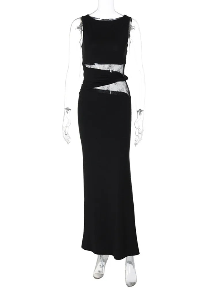 Sheer Lace Sleeveless Sexy Maxi Dress For Women Gown Summer Patchwork Fashion O Neck Bodycon Long Tank Dress Vestido