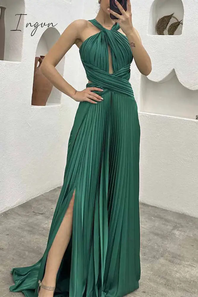 Ingvn - Elegant Solid Fold Halter Evening Dress Dresses