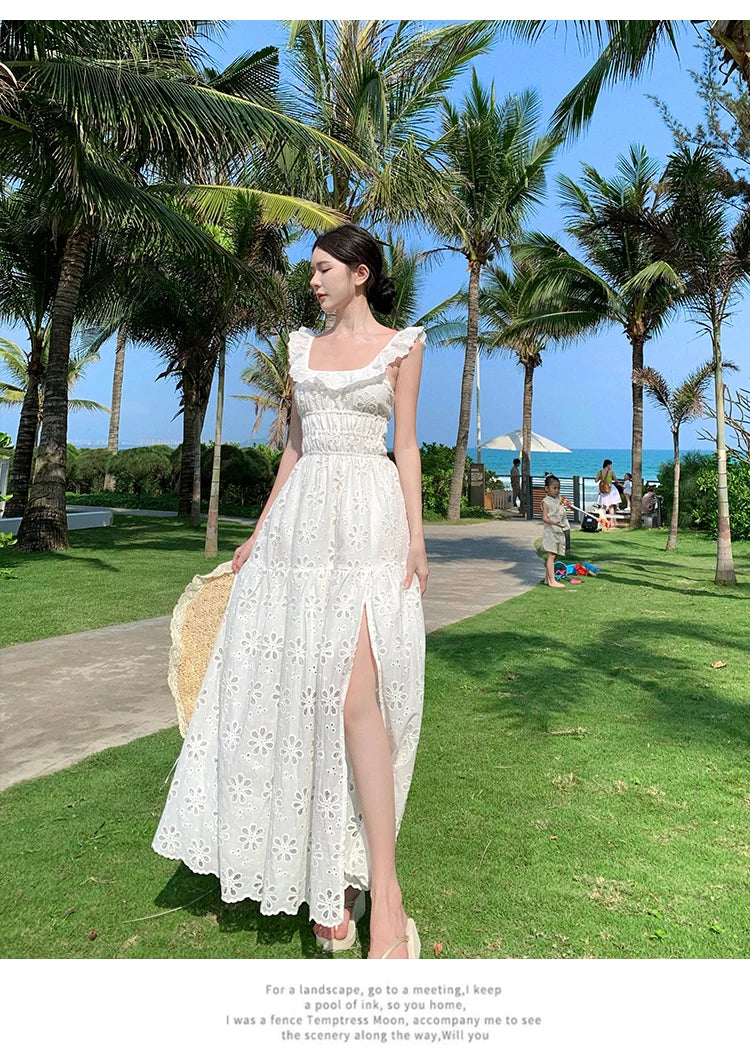 White Vacation Beach Casual Midi Dresses Women Summer Ruffle Embroidered Sexy Backless Lace-up Slit Sleeveless Female Clothing