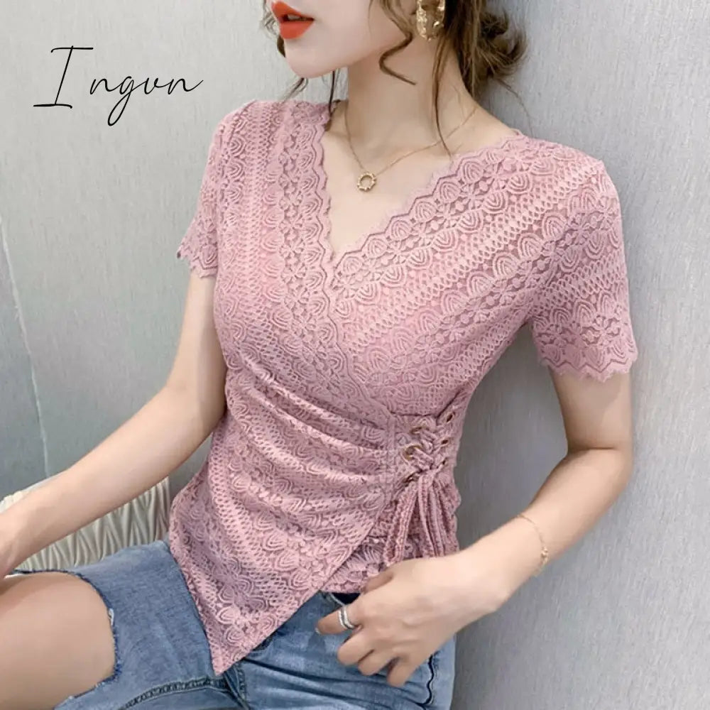 Ingvn - 5XL Women lace tops New Arrivals Summer short sleeve v-neck women blouse shirt Sexy Hollow out lace tops plus size blusas