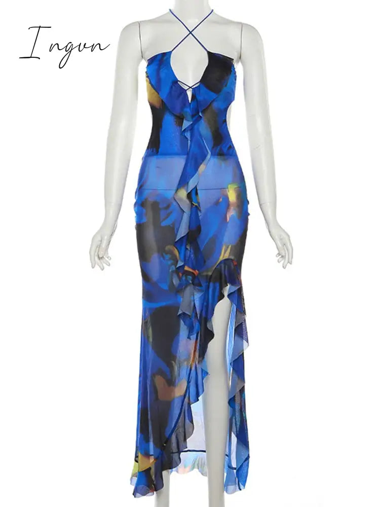 Ingvn - See Through Print Maxi Dress Women Summer New Halter Backless High Split Ruffles Sexy Party Club Long Dress Vestidos