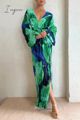 Ingvn - Elegant Vacation Print Fold V Neck Printed Dress Dresses