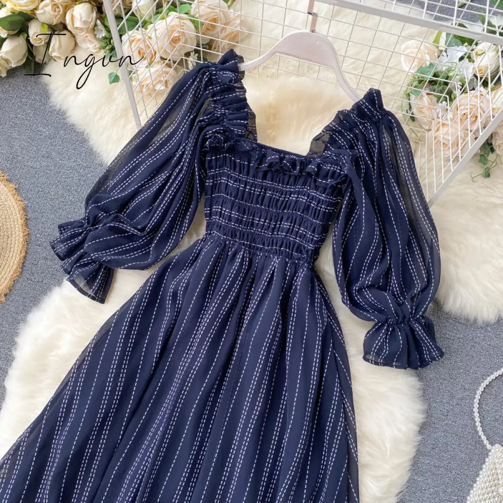 Ingvn - Summer Beach Chiffon Long Dress Elegant Solid Lantern Sleeve High Waist Women Maxi Dress Party Club Ladies Vestidos New