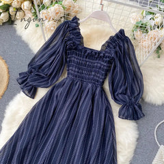 Ingvn - Summer Beach Chiffon Long Dress Elegant Solid Lantern Sleeve High Waist Women Maxi Dress Party Club Ladies Vestidos New