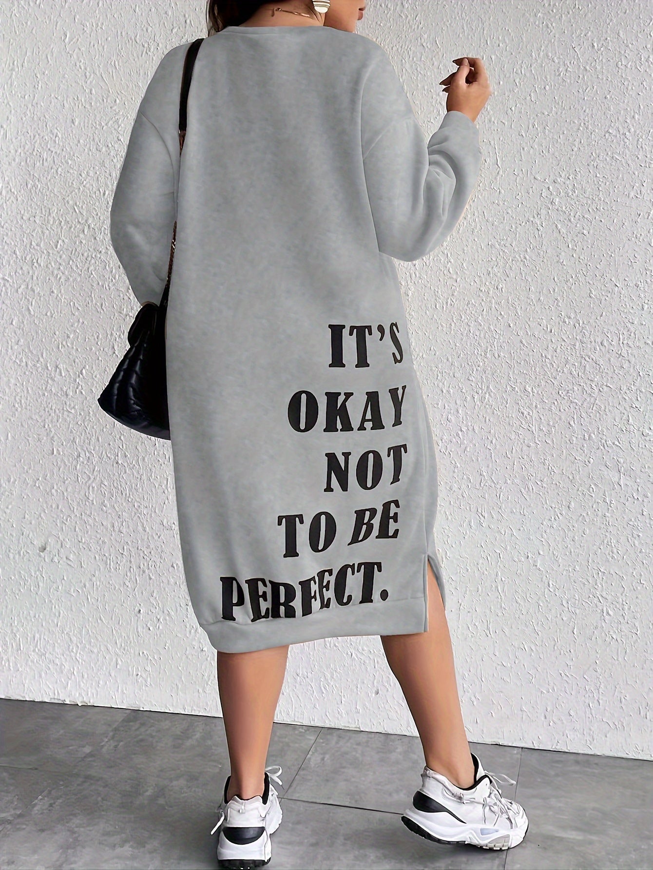 Midi Plus Size Casual Slogan Print Long Sleeve Round Neck Trapeze Sweatshirt Dress - Soft Medium Stretch Polyester Fabric, Loose Fit, Pullover Style, Machine Washable - Weekend Casual Wear for Fall Season