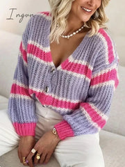 Ingvn - Women's Cardigan Sweater Jumper Chunky Knit Button Color Block V Neck Stylish Casual Outdoor Daily Fall Winter Blue Fuchsia One-Size