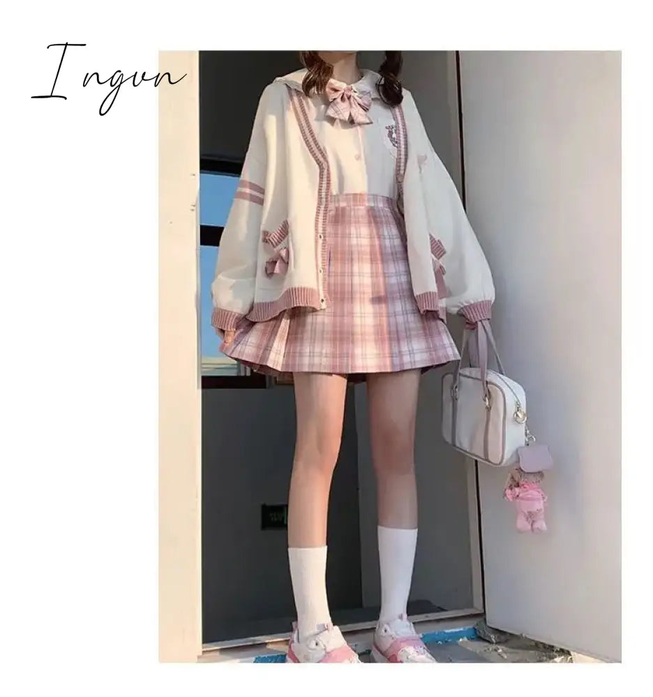 Ingvn - Spring Japanese Kawaii Fashion Pink Cardigan Women Harajuku Knitted Sweater Cute Bow Heart Korean College Style JK Uniform Coat