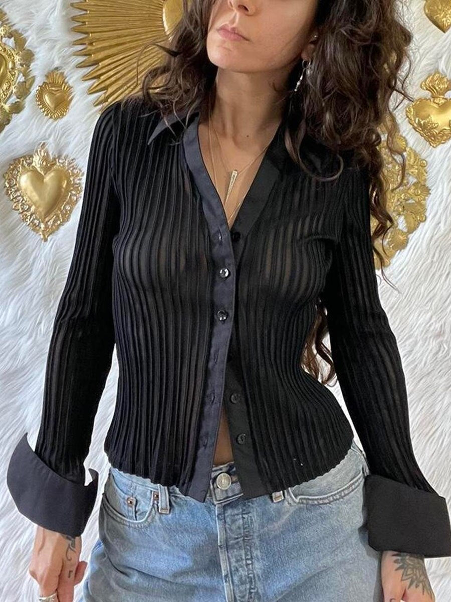 Women Y2K Sheer Mesh Crop Tops Long Flare Sleeve See Through Blouses Sexy Low Cut Cardigan Shirts Trendy Streetwear
