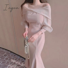 Ingvn - Korean chic spring elegant temperament twisted one-line collar sling off shoulder bubble sleeve long fishtail dress women