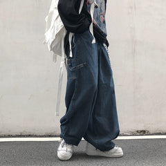 Voguable  Fashion Individuality Japanese-style Jean Men Loose Stripe Denim Pant Bule/Black Man and Women Hip hop Streetwear Trouser