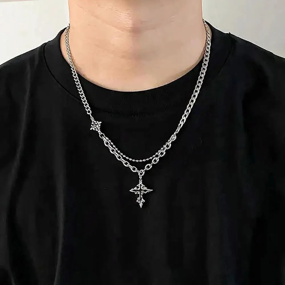 INGVN  Hip Hop Zircon Star Double Layer Necklace For Men Women Trend Charm Titanium Steel Pendant Chain Unisex Jewelry