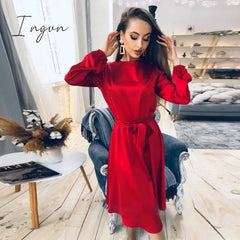 Ingvn - Women Vintage Sashes Satin A-line Dress Lantern Sleeve O neck Solid Elegant Casual Party Dress Summer OL New Fashion Dress