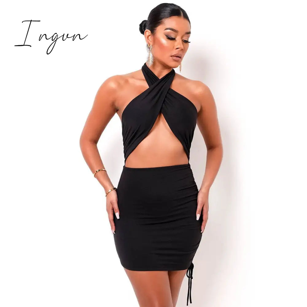 Ingvn - New Summer Sexy Women's Coffee Color Cross Hanging Neck Sleeveless Tight Mini Dress