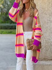 Stylish Striped Long Cardigan Sweater - Women's Fashion Cardigans - Soft Polyester Open Front Shawl with Color Block Design, No Collar, and Chic Winter Style - Perfect for Casual Daily Wear