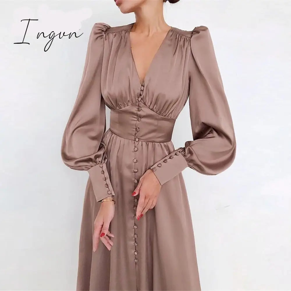 Ingvn - Elegant spring satin bishop sleeve a-line dress women V-neck high waist button dress solid Vintage long dresses chic