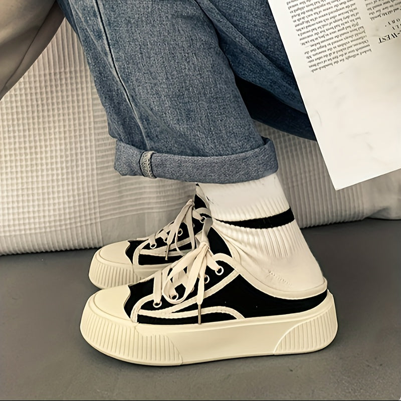 Women's Flatform Mule Sneakers, Casual Round Toe Slip On Backless Skate Shoes, All-Match Preppy Student Walking Shoes
