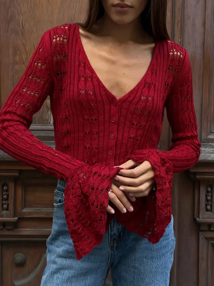 Knitwear Hollow Out Sweater Cardigan Women V-Neck Long Sleeve See-Through Cropped Top Summer Knit Patchwork Cardigan Top