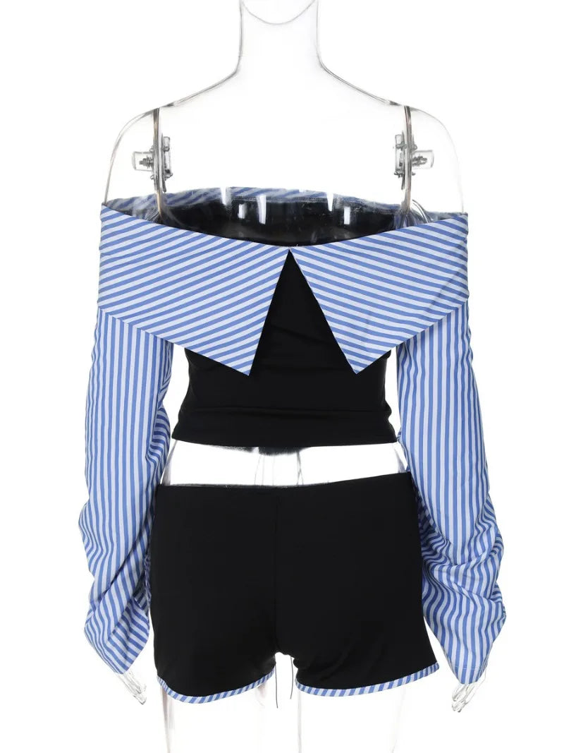 Ingvn  Fashion Chic Women Long Sleeve Striped Long Sleeve Corset Shirts + Shorts 2 Piece Sets High Street Tunics Bandage Female Suit