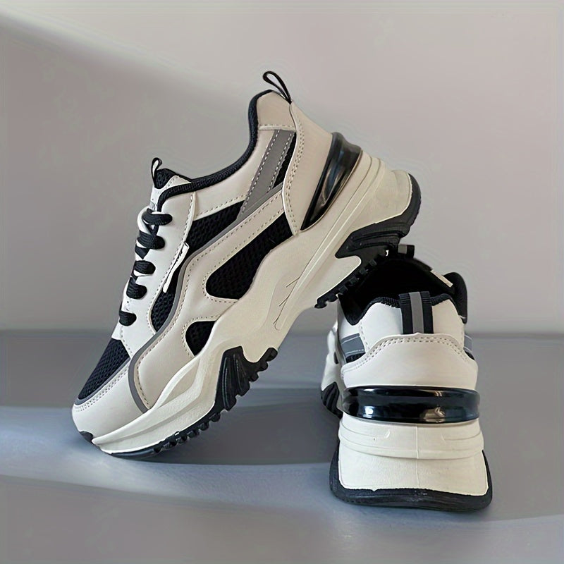Women's Fashion Contrasting Sneakers, Casual Sports Shoes, Breathable Chunky Sole Lace-Up Design