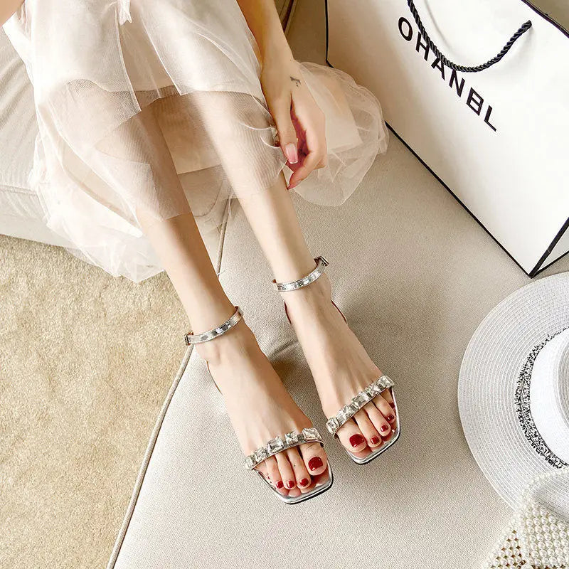 Sandals For Women Rhinestones Office Work With Medium Heels Square Woman Shoes One Word Diamond Luxury Premium Offer