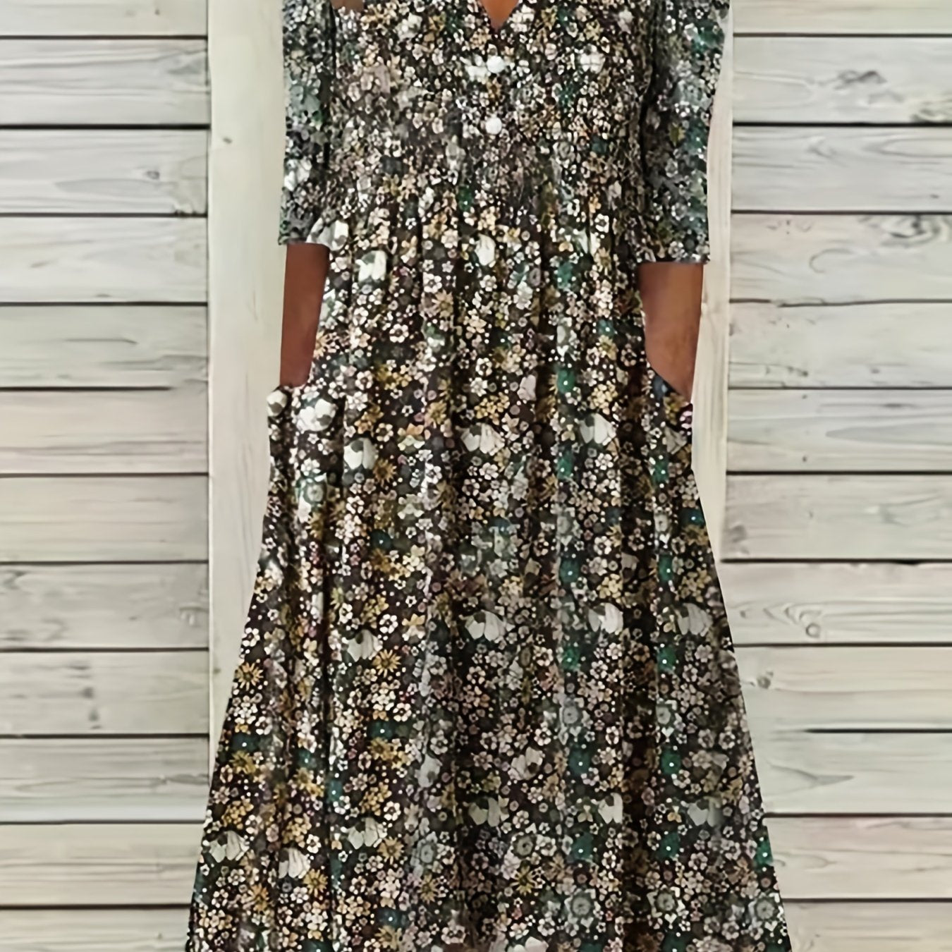 Vibrant Ditsy Floral V-Neck Dress - Comfy Ruched Design with Handy Pockets - Perfect for Summer Casual Outings, Women’s Fashion
