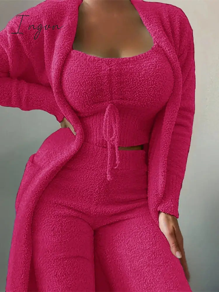 Ingvn - Women's Plus Size Pajamas Robes Gown Sets Nighty 3 Pieces Pure Color Warm Casual Comfort Home Daily Bed Fleece Long Sleeve Crop Top Pant Pocket Winter Fall Green Black