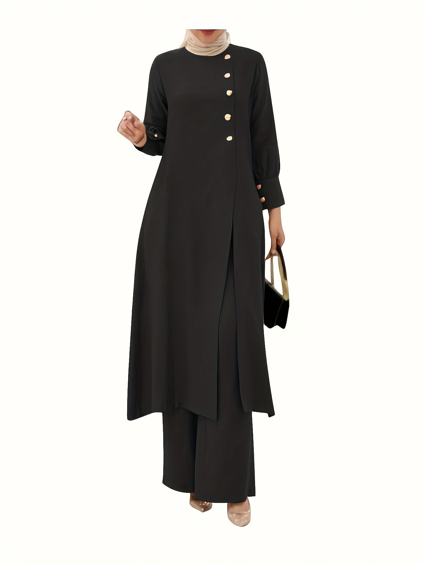 Two-piece Set, Elegant Solid Color Long Sleeve T-shirt & Loose Pants Outfits, Women's Clothing