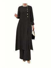 Two-piece Set, Elegant Solid Color Long Sleeve T-shirt & Loose Pants Outfits, Women's Clothing