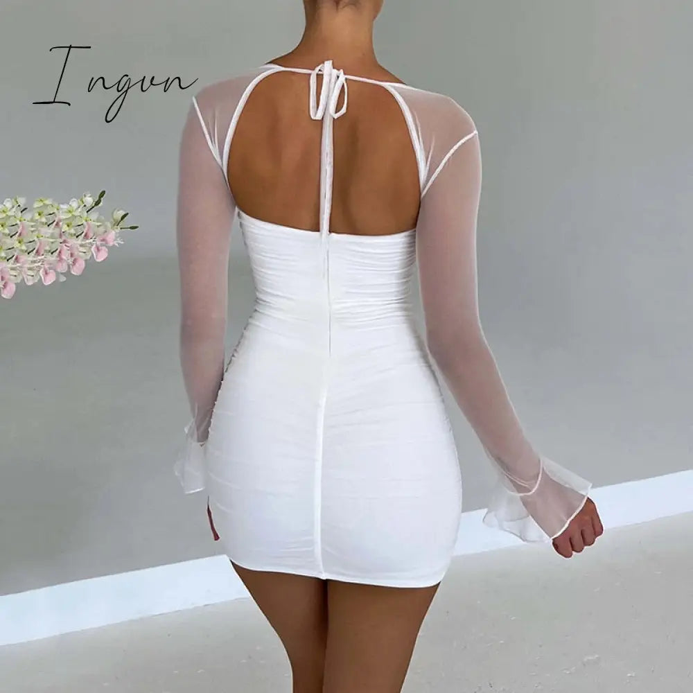 Ingvn - European And American Sexy Tight-Fitting Dress Autumn And Winter New Fashion Perspective Long-Sleeved Open Backpack Hip Skirt